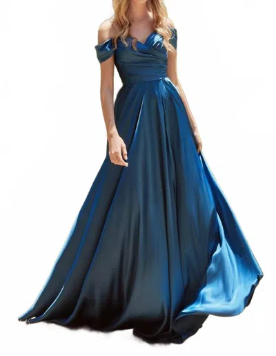 Cinderella Divine Off Shoulder A-line Satin Dress In French Navy In Blue