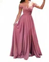 Cinderella Divine Off Shoulder A-line Satin Dress In Mauve Rose In Multi