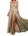 Cinderella Divine Off Shoulder A-line Satin Dress In Sage In Multi