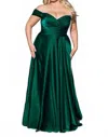 Cinderella Divine Off Shoulder A-line Satin Gown - Plus In Emerald In Gold