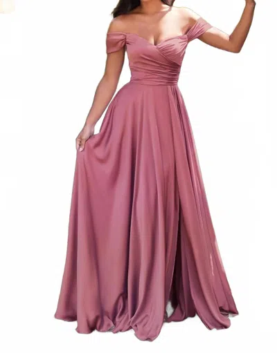 Cinderella Divine Off Shoulder A-line Satin Dress In Mauve Rose In Pink