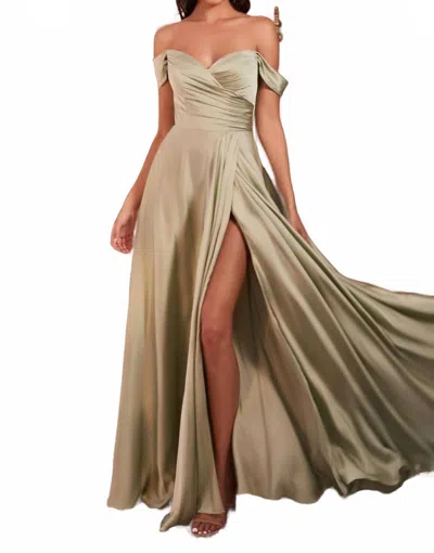 Cinderella Divine Off Shoulder A-line Satin Dress In Sage In Neutral
