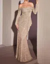 Cinderella Divine Off-shoulder Long Sleeve Evening Dress In Platinum In Silver