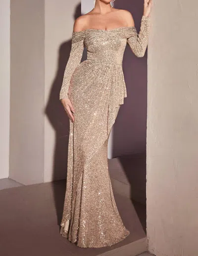 Cinderella Divine Off-shoulder Long Sleeve Evening Dress In Platinum In Silver