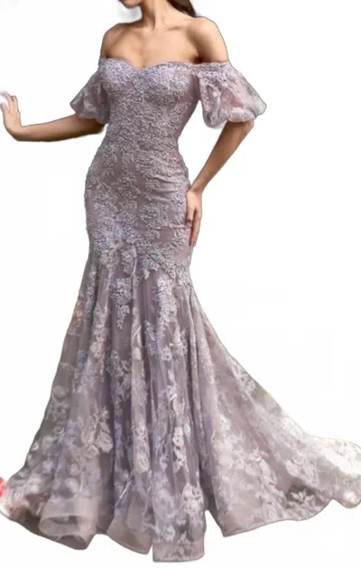Cinderella Divine Off The Shoulder Mermaid Lace Gown In Lilac In Purple