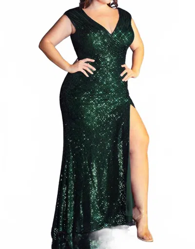 Cinderella Divine Paris Sequin Slit Dress - Plus In Emerald In Green