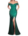 Cinderella Divine Riga Stretch Satin Off Shoulder Dress In Emerald