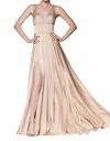 Cinderella Divine Satin V-neck Dress With Slit In Nude In Brown