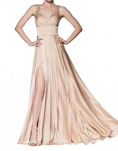 Cinderella Divine Satin V-neck Dress With Slit In Nude In Brown