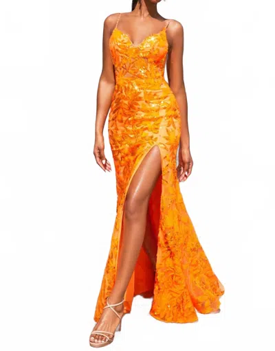Cinderella Divine Sequin Printed Fitted Prom Gown In Orange In Brown