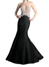 Cinderella Divine Sheer Beaded Bodice Mermaid Gown In Black In Black