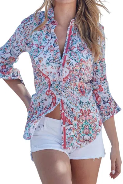 Cino Bermuda Button-up Crinkle Blouse In Geranium In Multi