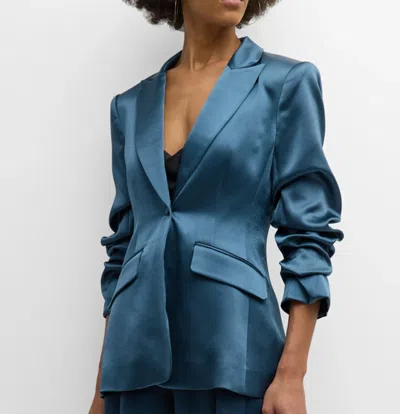Pre-owned Cinq À Sept - Cinq A Sept 'cheyenne' Ruched 3/4-sleeve Satin Blazer, Onyx Blue - Size 4