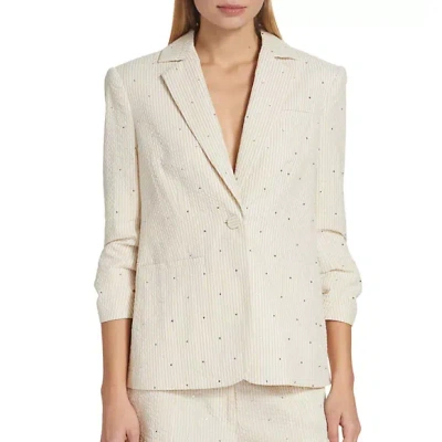 Pre-owned Cinq À Sept - Cinq A Sept 'khloe' Rhinestone Seersucker Blazer, White/plaster - Size 4