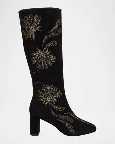 Cinq À Sept 70mm Dani Embroidered Suede Knee-high Boots In Black