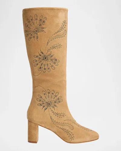 Cinq À Sept 70mm Dani Embroidered Suede Knee-high Boots In Brown Suga