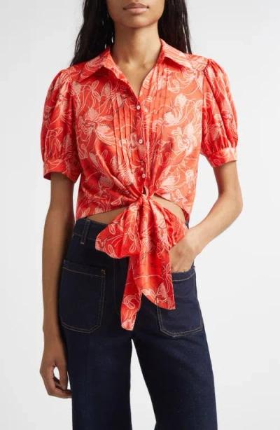 Cinq À Sept Abena Floral Puff Sleeve Tie Front Button-up Shirt In Red