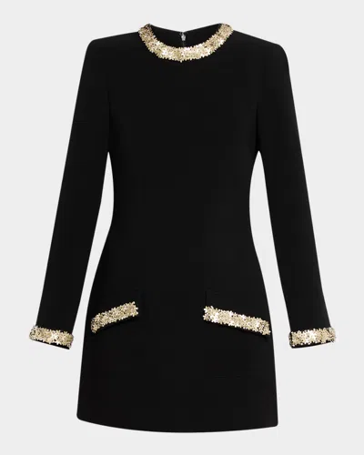 Cinq À Sept Adi Long-sleeve Floral Embellished Mini Dress In Black