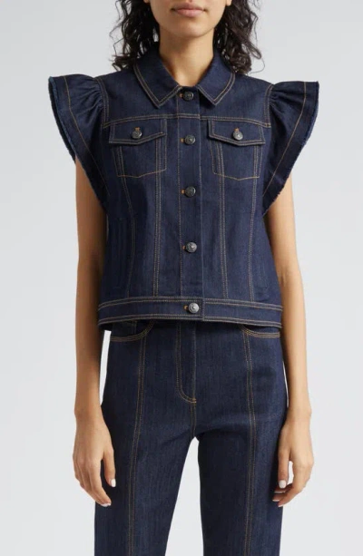 Cinq À Sept Adley Flutter Sleeve Denim Shirt In Indigo