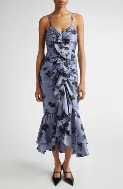 Cinq À Sept Akemi Cool Carnation Ruffle Detail Satin Dress In Rustic Blue Multi