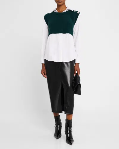 Cinq À Sept Alden Combo Pullover Top In Green Onyx/white