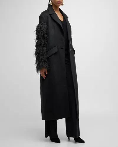 Cinq À Sept Ali Feather-sleeve Long Wool-blend Coat In Black