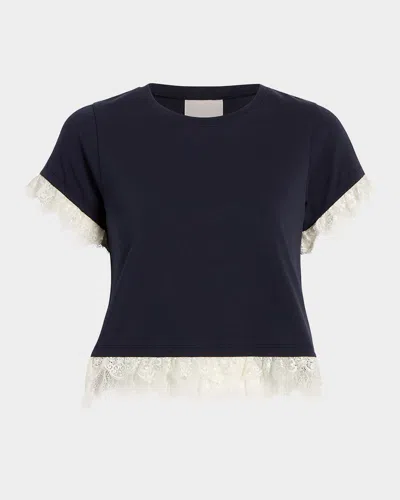Cinq À Sept Ami Short-sleeve Lace-trim Top In Navy/ivory