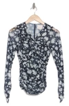 Cinq À Sept Aniya Floral Mesh Top In Navy/ivory