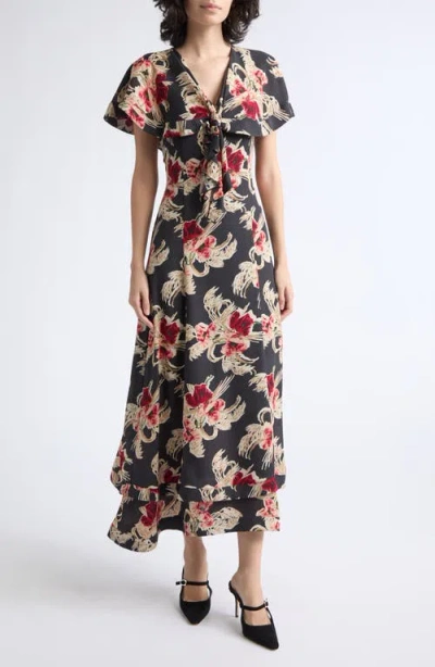 Cinq À Sept Antonetta Floral Tiered Midi Dress In Obsidian Multi