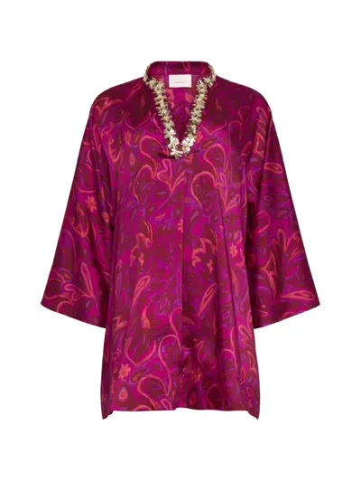 Cinq À Sept Paisley Bloom Collarless Arcia Caftan Purple Garnet Multi In Pink