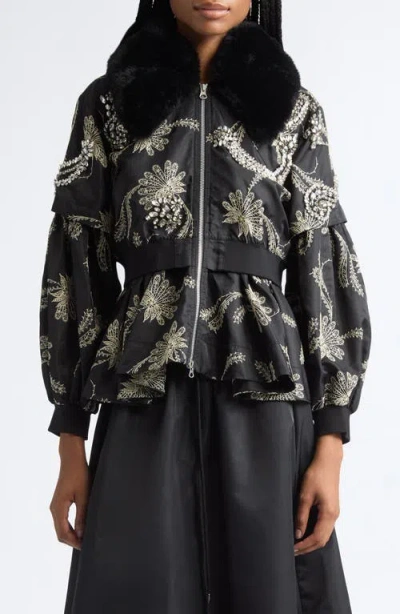 Cinq À Sept Armelle Paisley Fan Embroidered Jacket With Faux Fur Collar In Black