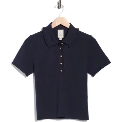 Cinq À Sept Aster Crystal Button Cotton Polo Shirt In Blue