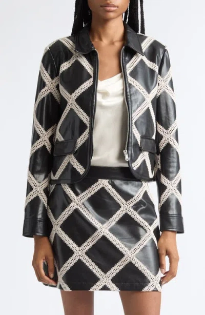 Cinq À Sept Audree Faux Leather Jacket With Crochet Overlay In Black
