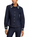 Cinq À Sept Autumn Rhinestone Trim Denim Top In Denim Navy In Blue