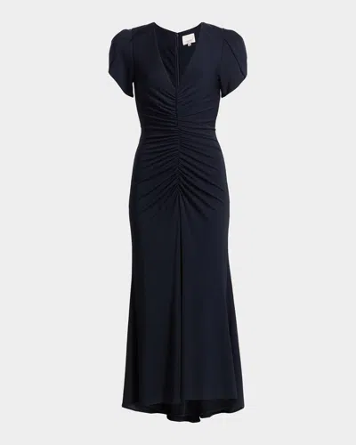 Cinq À Sept Aviva Gathered Tulip-sleeve Midi-dress In Blue