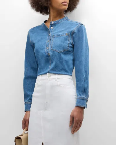 Cinq À Sept Axel Long-sleeve Topstitched Denim Top In Light Wash
