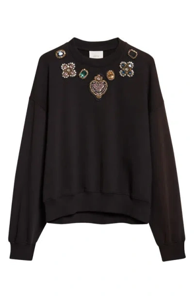 Cinq À Sept Baroque Patches Rhinestone Sweater In Black