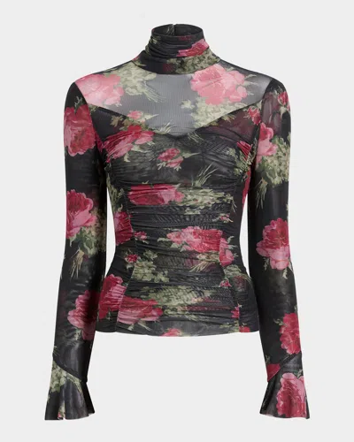 Cinq À Sept Baroque Roses Lucy Turtleneck Mesh Top In Multi