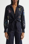 Cinq À Sept Bead Detail Cotton Blend Button-up Shirt In Black