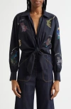 Cinq À Sept Bead Detail Cotton Blend Button-up Shirt In Navy/multi