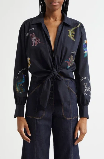 Cinq À Sept Bead Detail Cotton Blend Button-up Shirt In Navy/multi