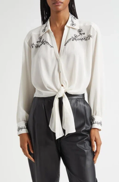 Cinq À Sept Bead Detail Cotton Blend Button-up Shirt In White