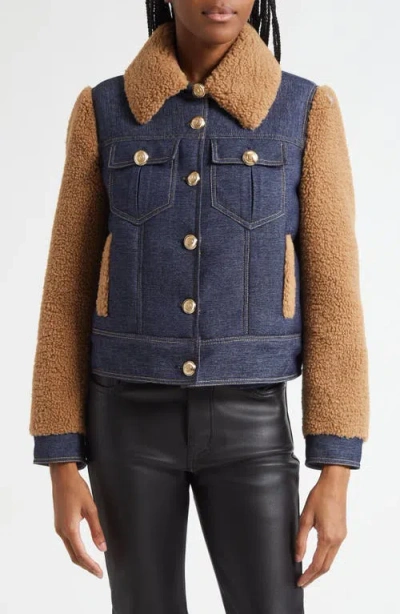 Cinq À Sept Belinda Faux Shearling & Denim Mixed Media Jacket In Blue