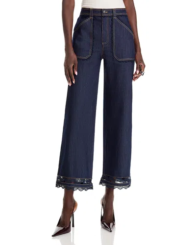 Cinq À Sept Cinq A Sept Benji Guipure Lace Trim Mid Rise Wide Leg Jeans In Indigo In Blue