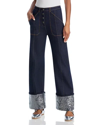 CINQ À SEPT CINQ A SEPT BENJI HIGH RISE SEQUIN CUFF JEANS IN INDIGO/CLEAR