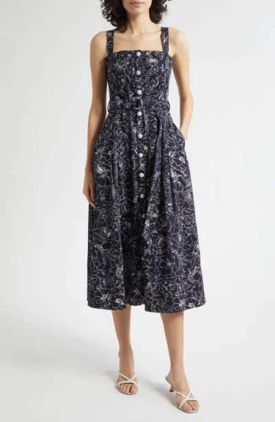 Cinq À Sept Branwen Garden Doodle Belted Denim A-line Midi Dress In Multi