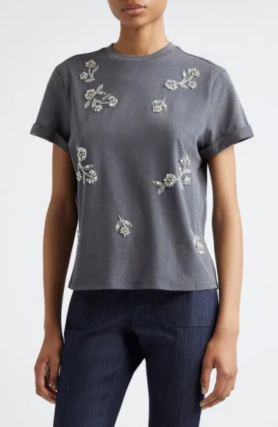 Cinq À Sept Bree Crystal Vine Detail Stretch Cotton T-shirt In Washed Black