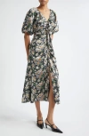 Cinq À Sept Brenton Puff-sleeve Cosmo-flower Midi Dress In Black/london Fog
