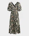 Cinq À Sept Brenton Puff-sleeve Cosmo-flower Midi Dress In Black/london Fo