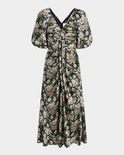 Cinq À Sept Brenton Puff-sleeve Cosmo-flower Midi Dress In Black/london Fog